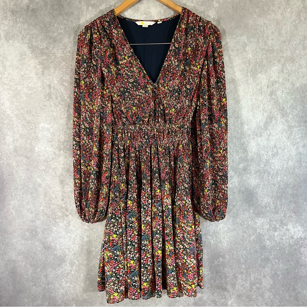 Boden Dress Women 2R Colorful Floral Knee Length Long Puff Sleeve V-Neck 118027